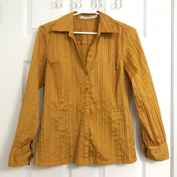 Laura Petites Button Down Collar Long Sleeve Top S Blouse Mustard Yellow Gold - Picture 1 of 12